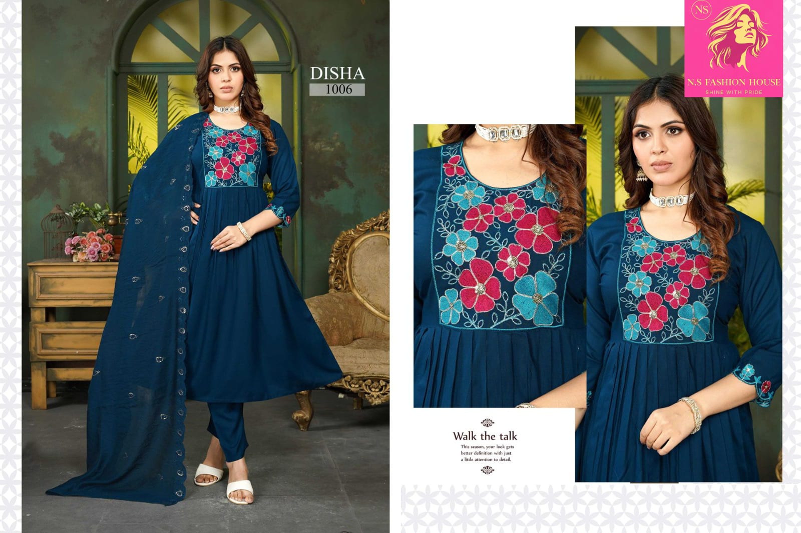 Deesha Fashionable, Elegant and Stylish Dark Blue Kurti Set A-line Exclusive Embroidery design Work Kurti Set