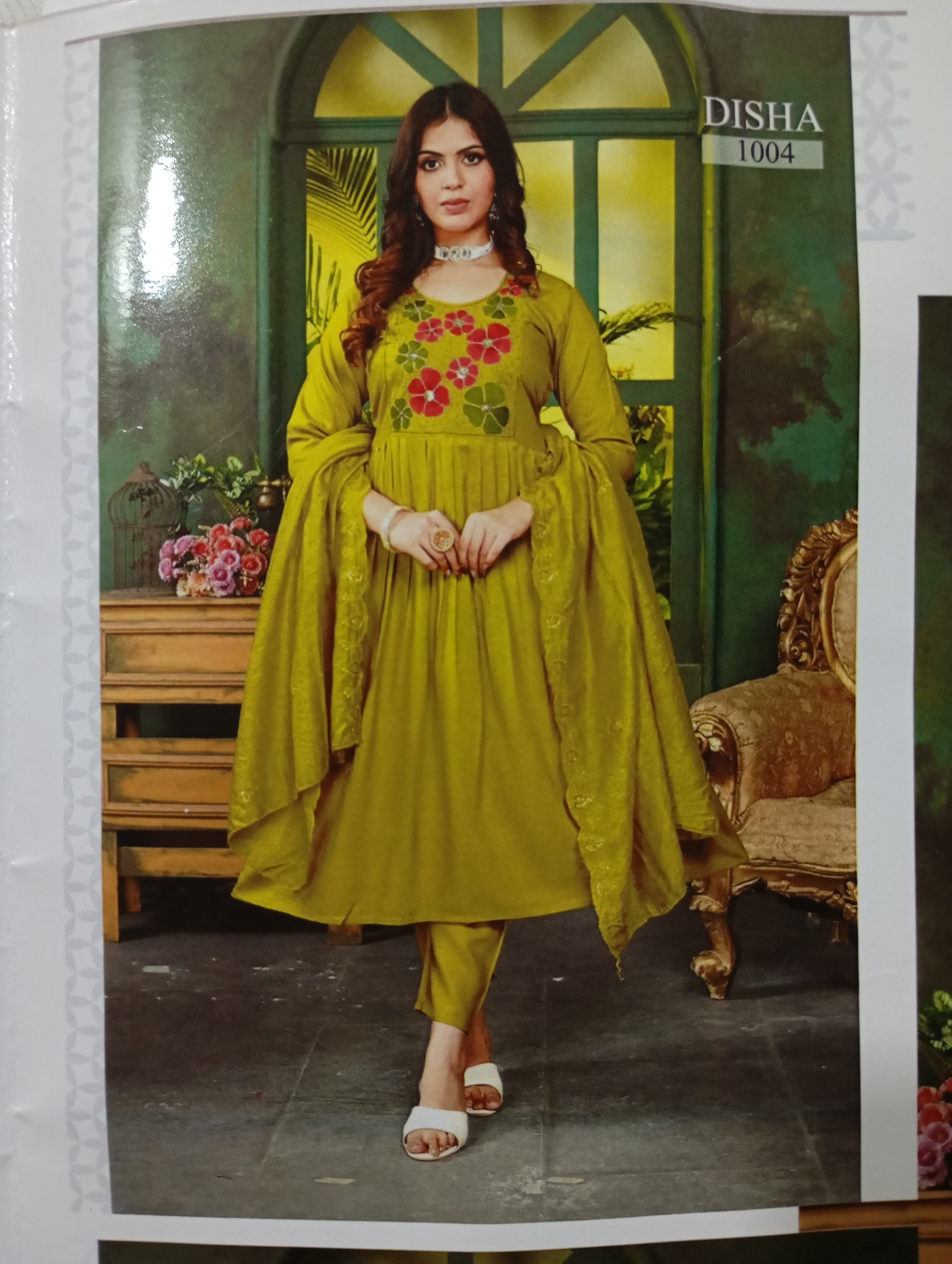 Deesha Fashionable, Elegant, Stylish Mehendi Colour A-line Exclusive Embroidery design Work Kurti Set For Party Wear.