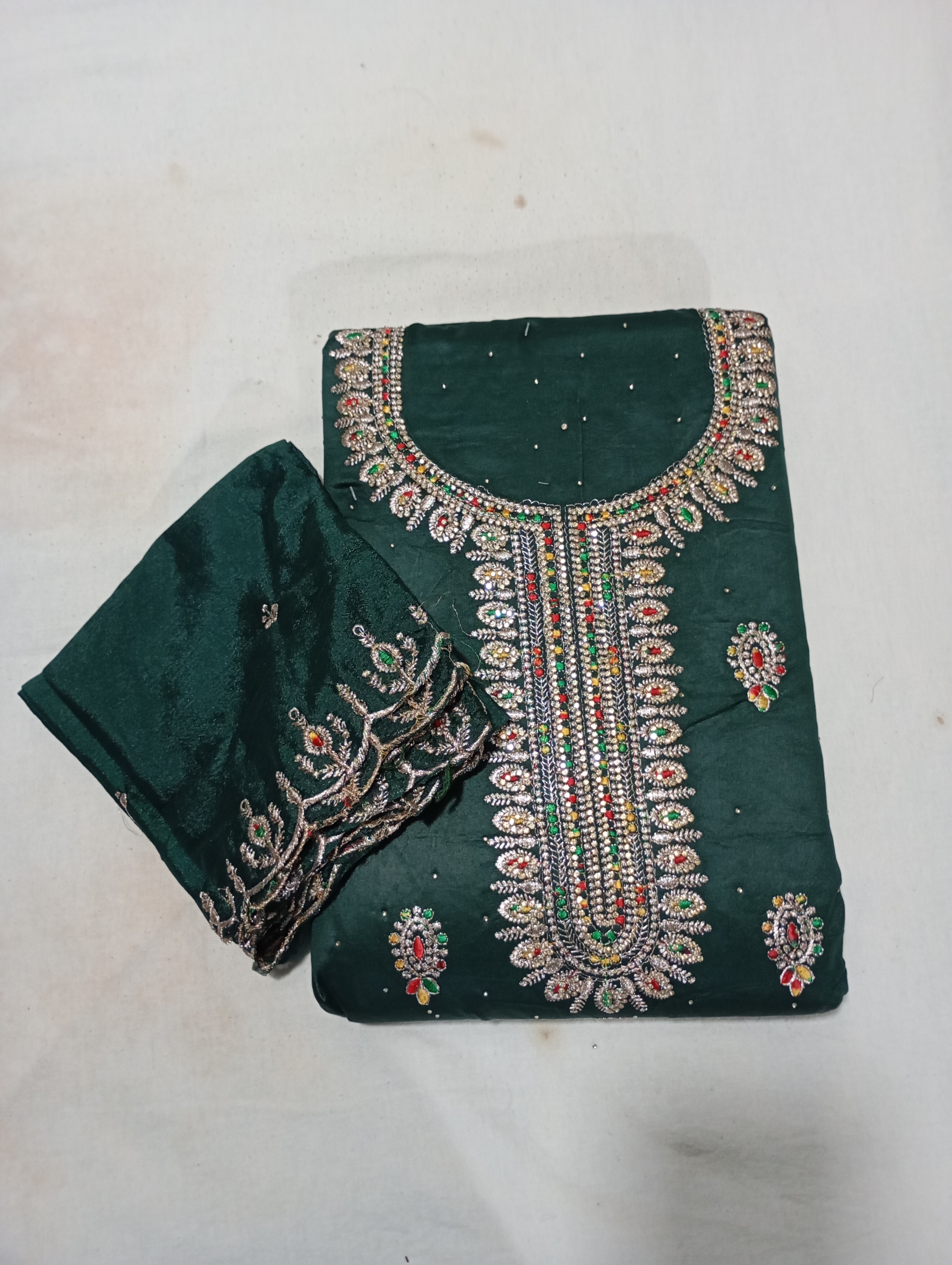 Jaam Silk Green Colour Dress Material With Chinnom Duppata With Zari, Thread and Stone Work.