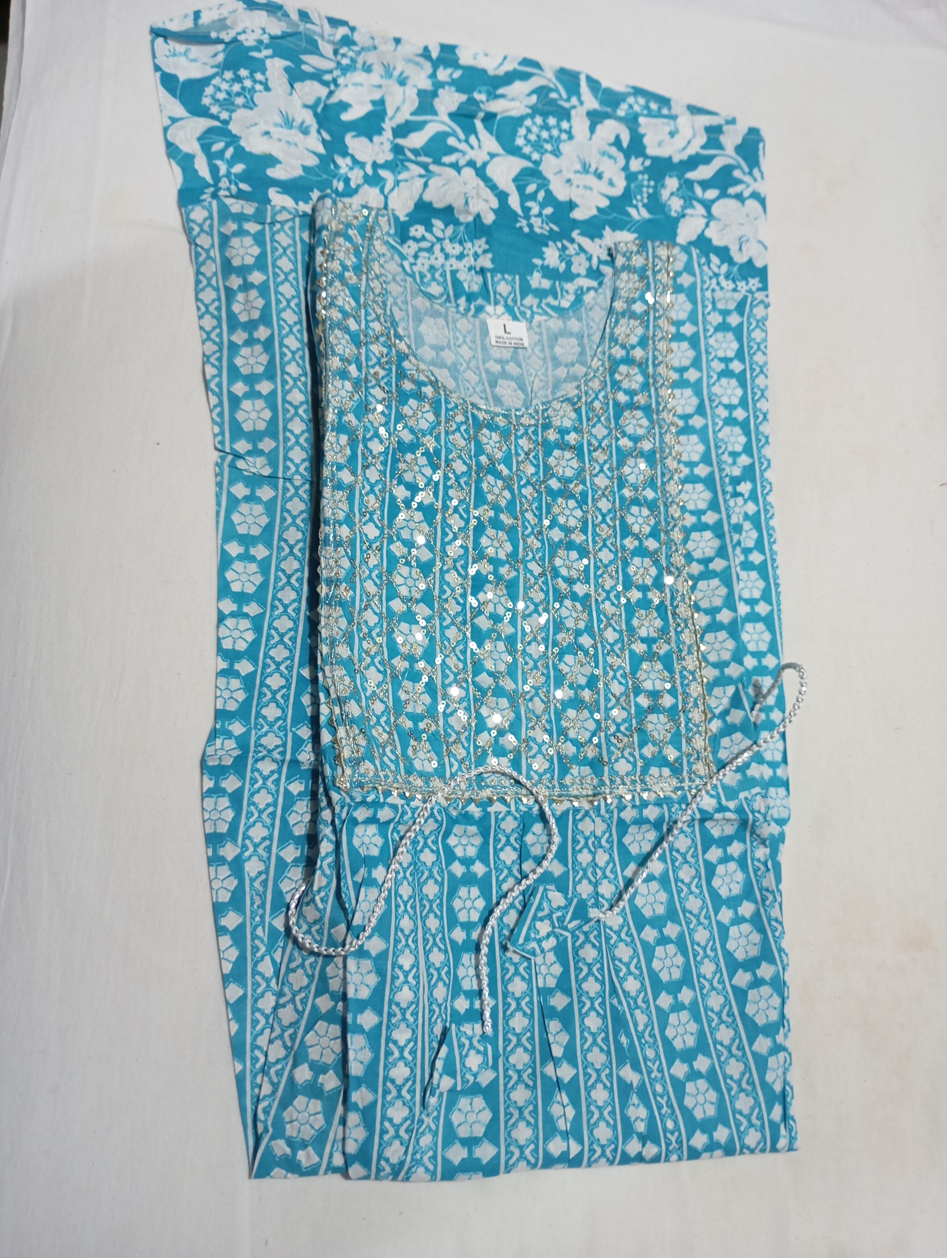 Blue & White Colour Fancy Cotton Gown One Piece with Side Dori For All Occasions