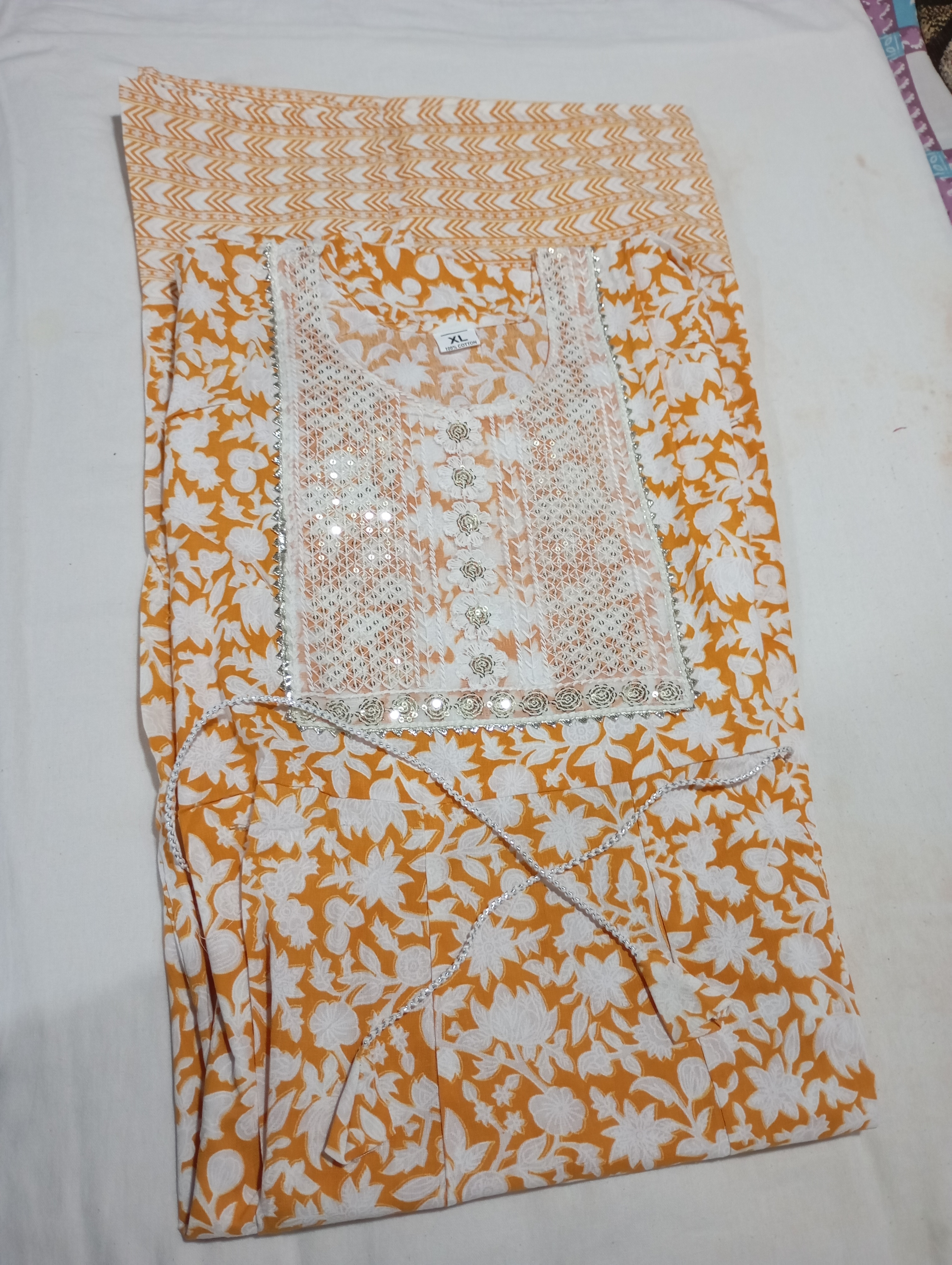 Orange & White Colour Fancy Cotton Gown One Piece with Side Dori For All Occasions