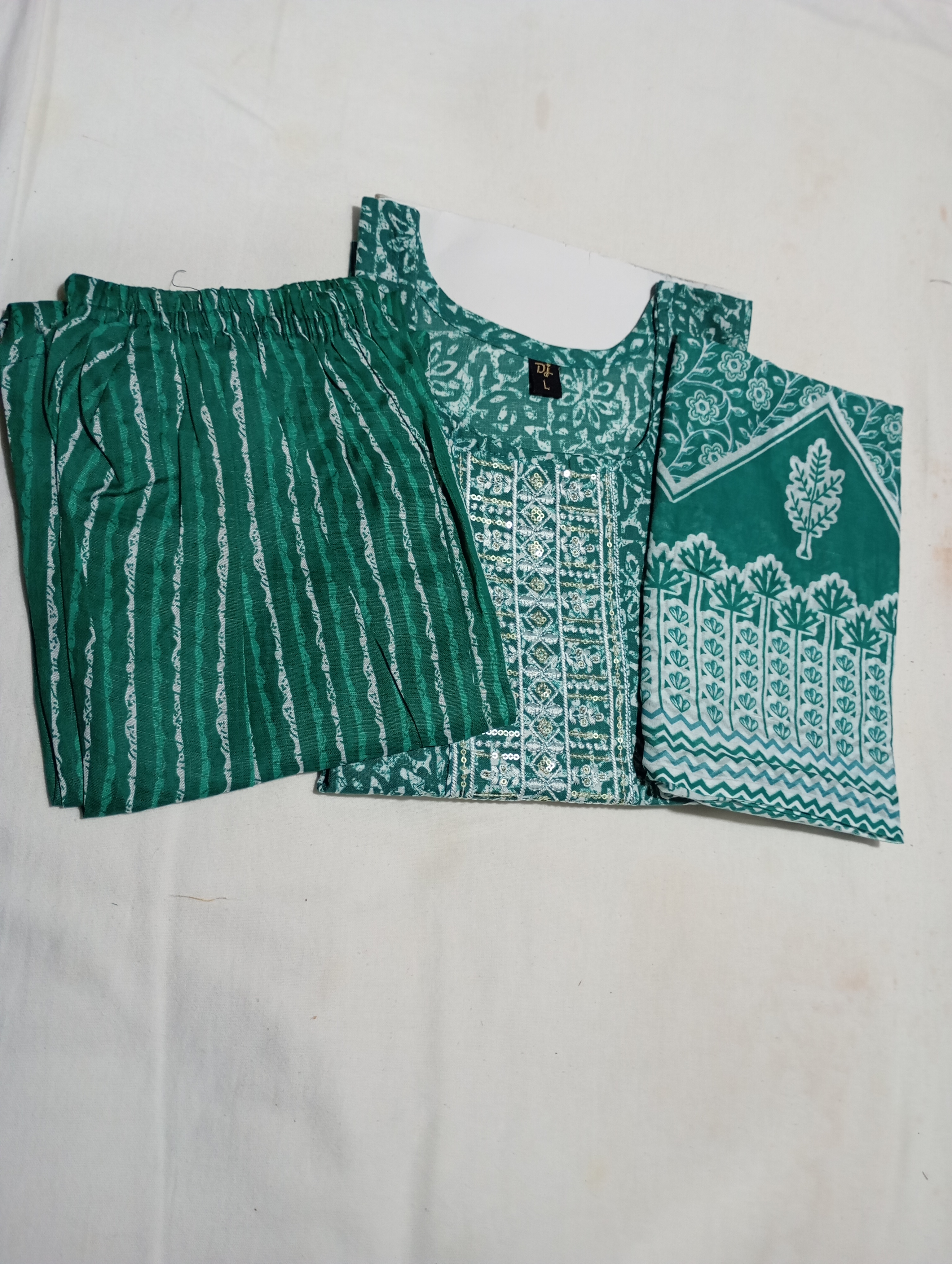 Green & White Colour Readymade 3 Piece Cotton Kurti Set Formal Wear